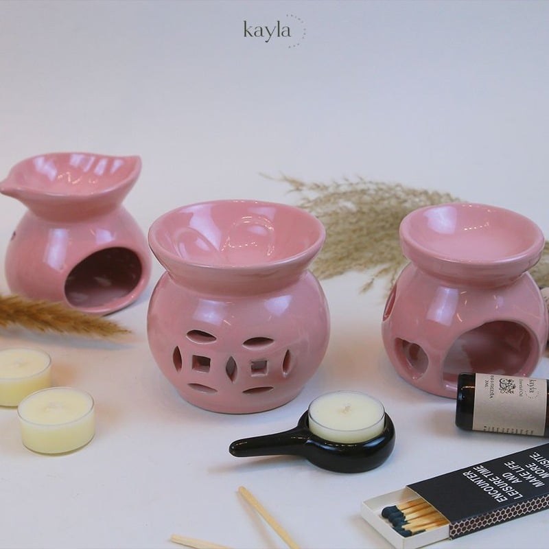 Đèn Sứ Hồng Xông Tinh Dầu Dùng Nến Tealight