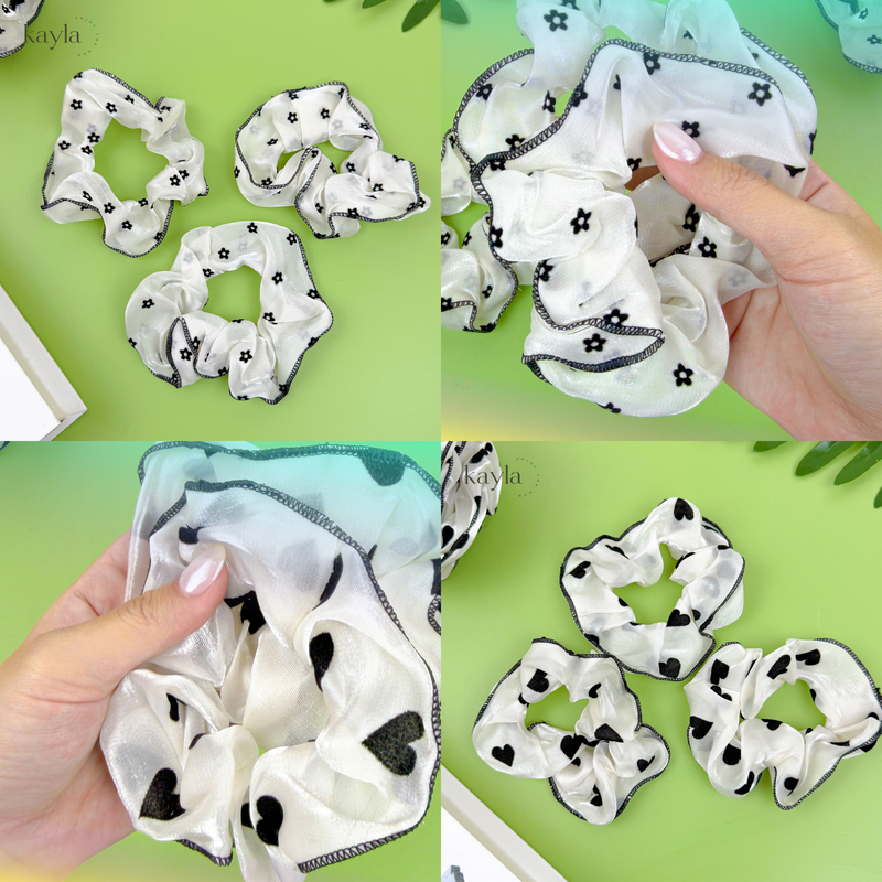 Dây Cột Tóc Crunchies Họa Tiết Trái Tim Và Hoa Thời Trang